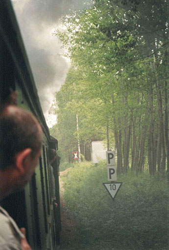 Bild 7 Bild aus dem Fenster eines fahrenden Dampfzugs, alles in Qualm und Dampf eingehüllt